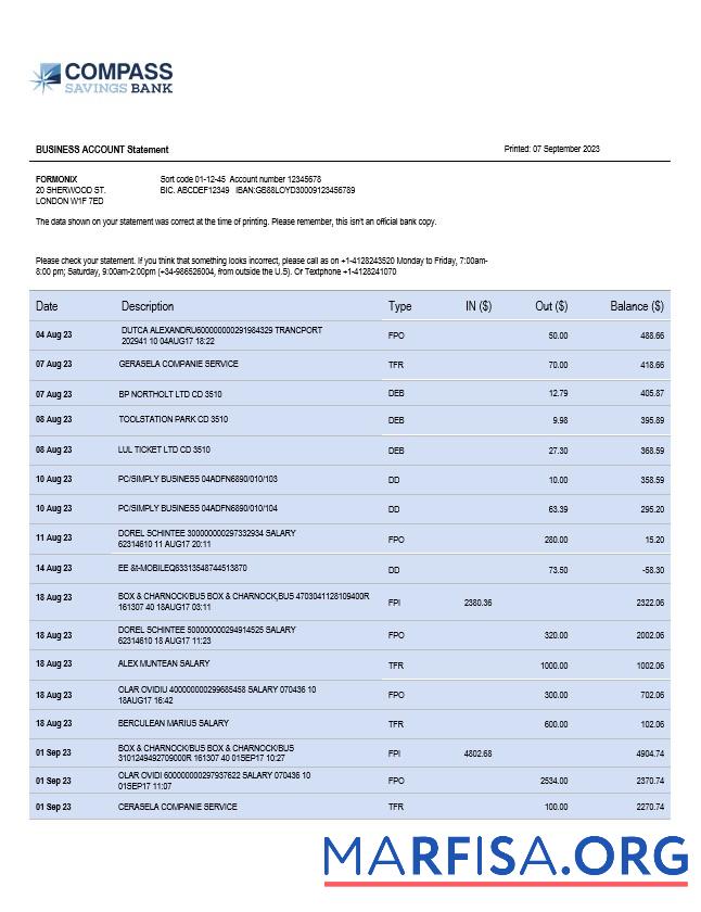 Realistic Compass Bank enterprise account statement Word and PDF template